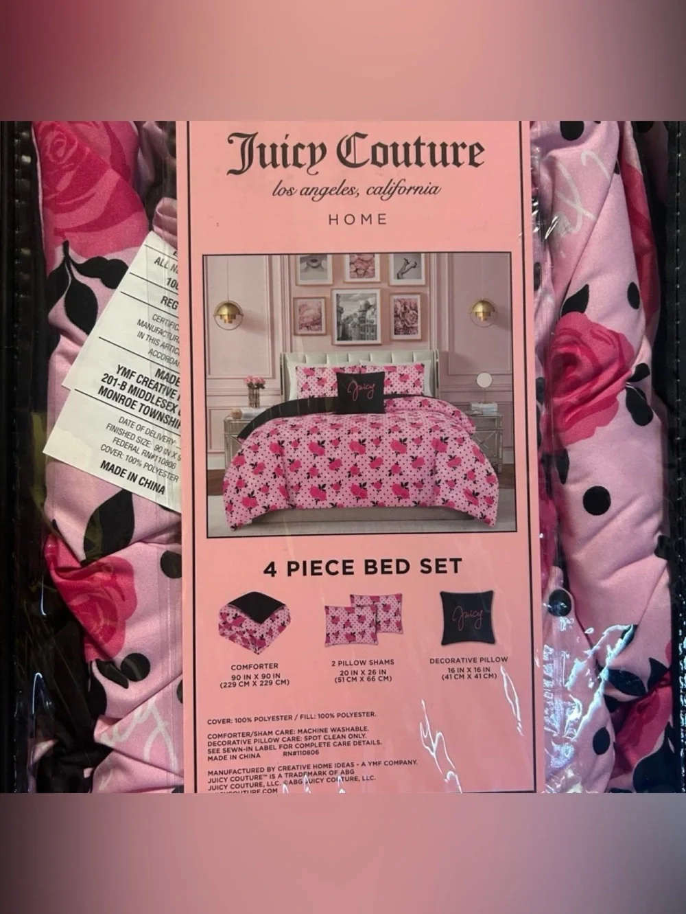 Juicy Couture Pink and Black Floral 4-Piece Comforter Set
